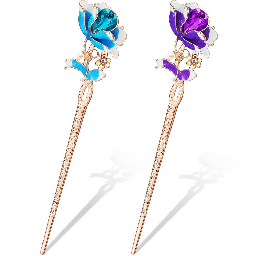 Hair Stick Crystal Rhinestone Flower 2/pack